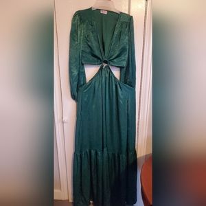 Green Satin Cutout O-Ring Maxi Dress